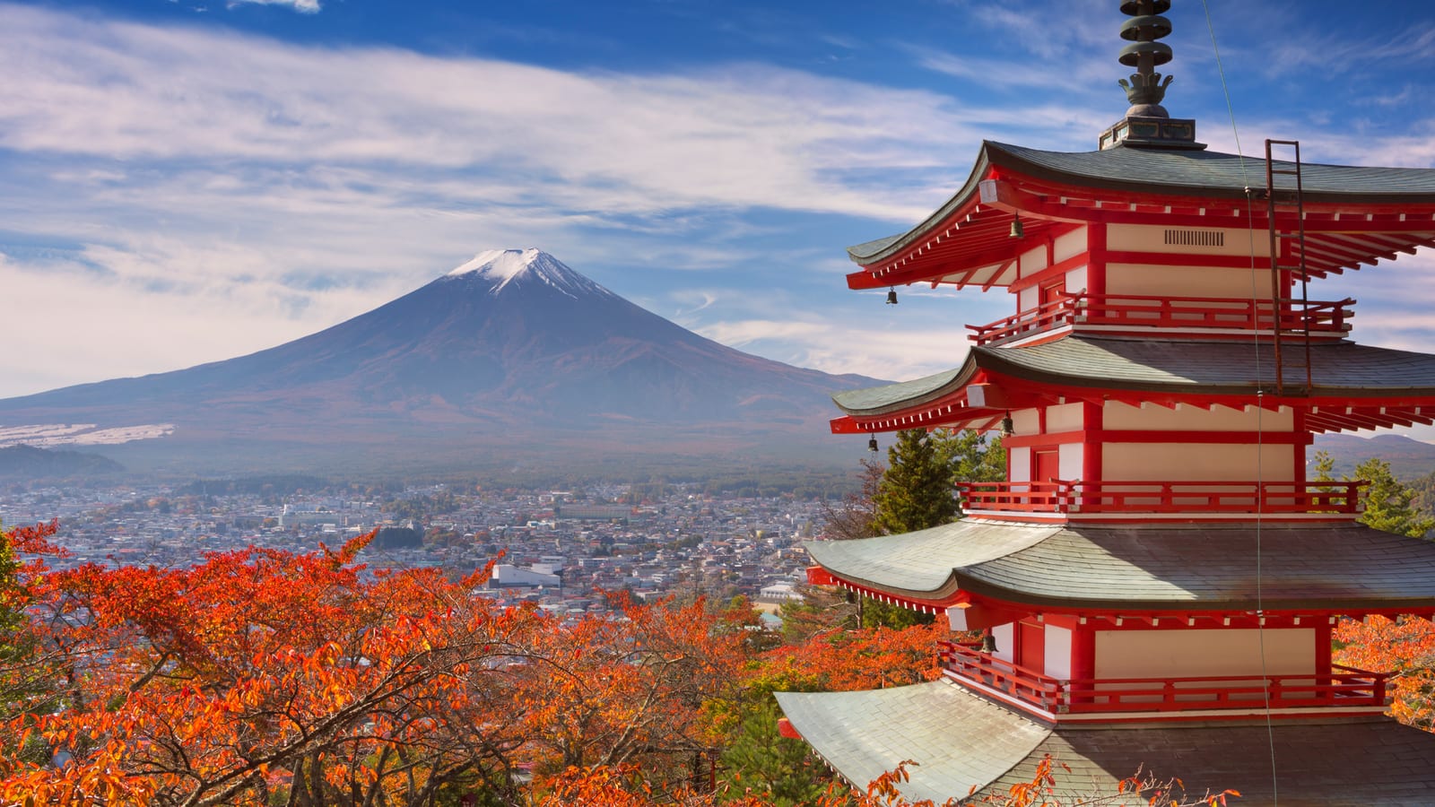 Chureito Pagoda with Mount Fuji behind it and autumn maples in the foreground, Fujiyoshida, Japan